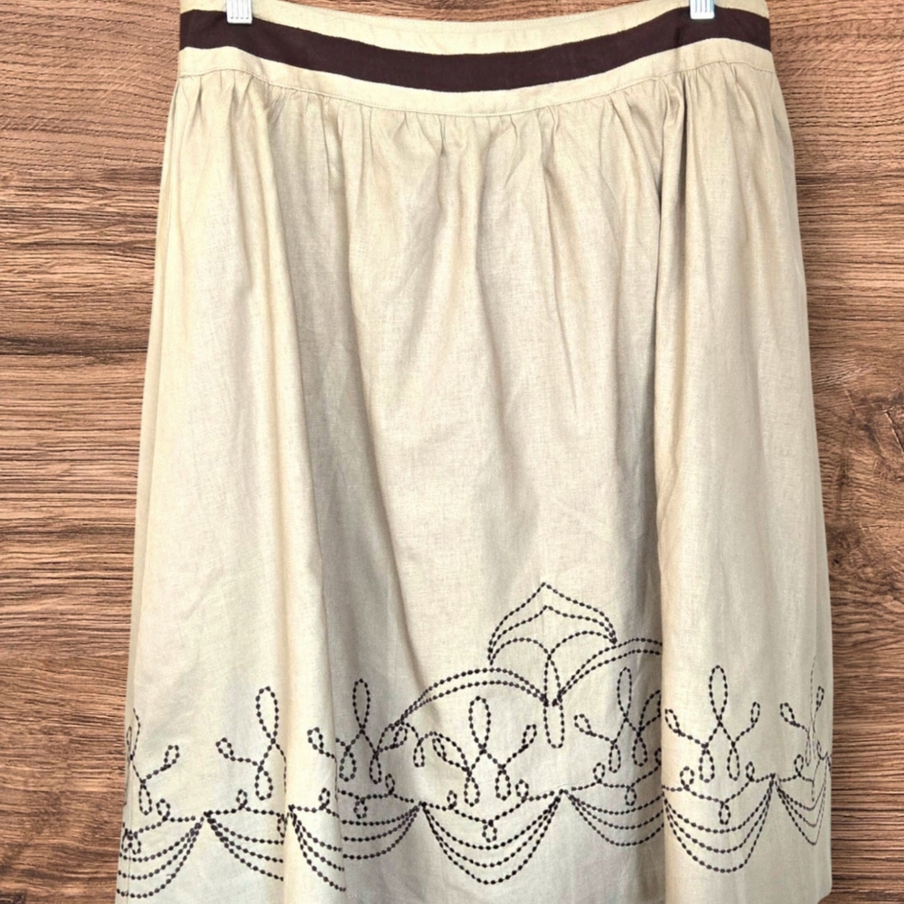 Linen Peasant Skirt Beige w Brown Embroidery Knee Length / Sz 12 - Picture 5 of 11